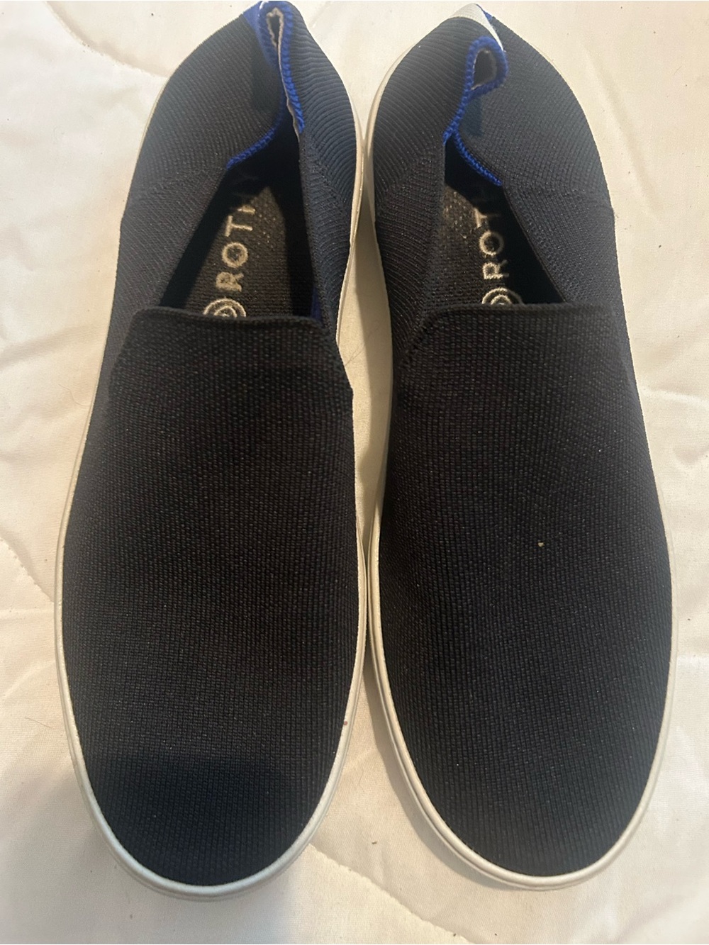 Rothy's Black Slip-On Knit Women Loafers with Blue Trim